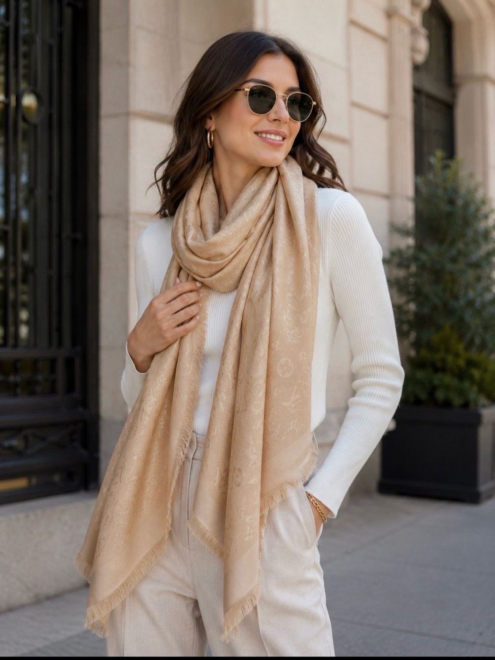 Louis Vuitton Beige Monogram Silk and Wool Blend Shawl Scarf